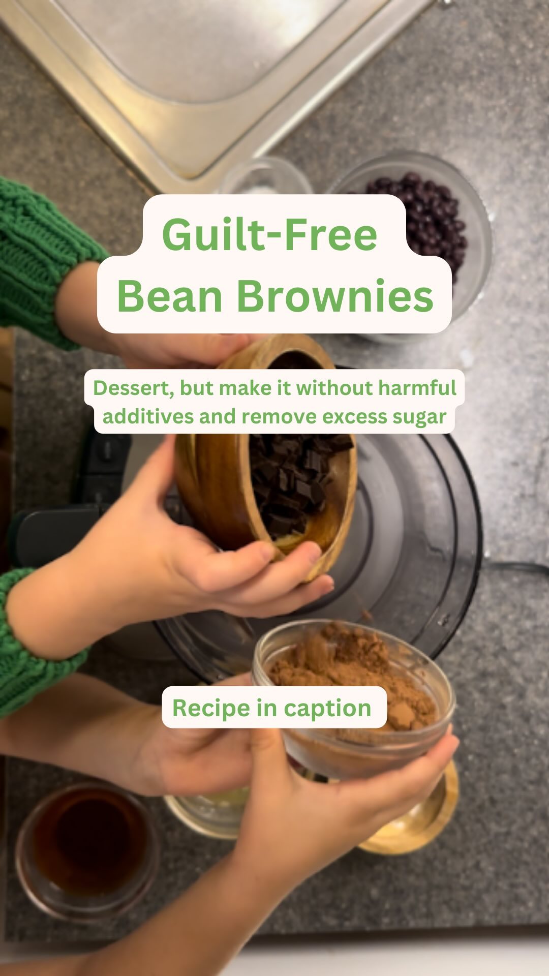 For chocoholics of all ages 🍫 These homemade brownies are free of harmful additives and have just 5g of sugar!

Ingredients:

* 1 15-ounce can of black beans 🫘
* 2 large eggs 🥚🥚
* ½ cup (4 oz) whole milk Greek yogurt 🥄
* ⅓ cup + 1 tbsp maple syrup 🍁
* 1 tsp vanilla extract 🌿
* ⅓ cup all-purpose flour (ideally unbleached) 🌾
* ⅓ cup unsweetened cocoa powder 🍫
* 1 tsp baking soda 🧂
* ¼ tsp salt 🧂
* ⅓ cup dark chocolate, chopped into chips 🍫
* Oil for greasing the pan (olive, coconut, or avocado) 🫒🥥🥑

Instructions:

1. Add all ingredients except the chopped chocolate to a food processor and blend until smooth.
2. Grease a 9” x 9” pan with oil 🍴.
3. Pour in the batter and sprinkle chocolate chips on top to distribute evenly 🍫.
4. Bake at 375°F for about 14 minutes ⏲️.

Yields about 24 mini brownies. Enjoy!