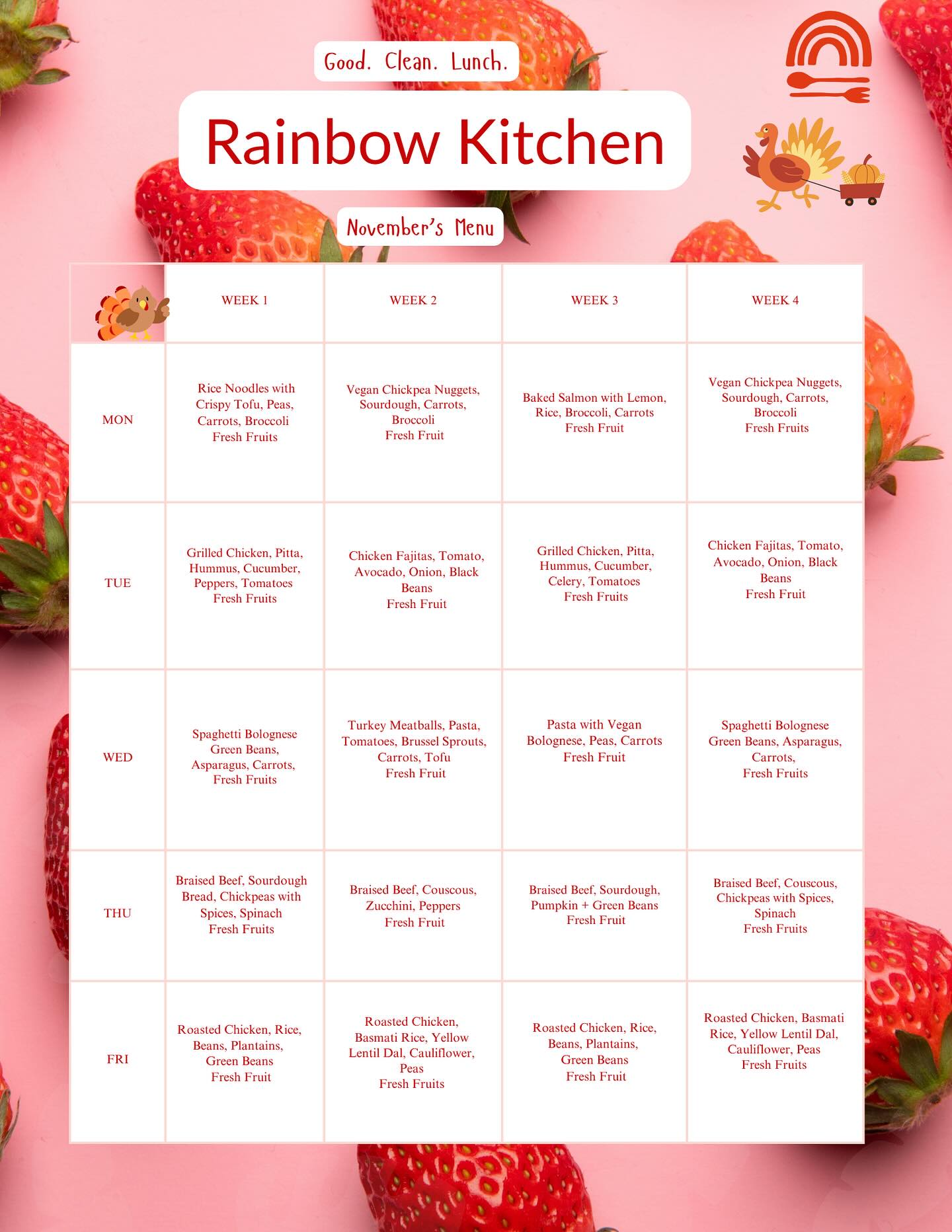 We’re so excited to share our new November menu! This month brings some delicious new recipes — like our homemade, allergy-friendly hummus — and we’re also working on our very own nut-free “Nutella”! At Rainbow Kitchen, we love creating colorful, wholesome meals that kids can enjoy, learn, and grow with. 💕🌈